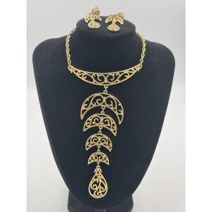 Gold Tone Filigree Vintage Crescent Necklace & Match Clip On Earrings